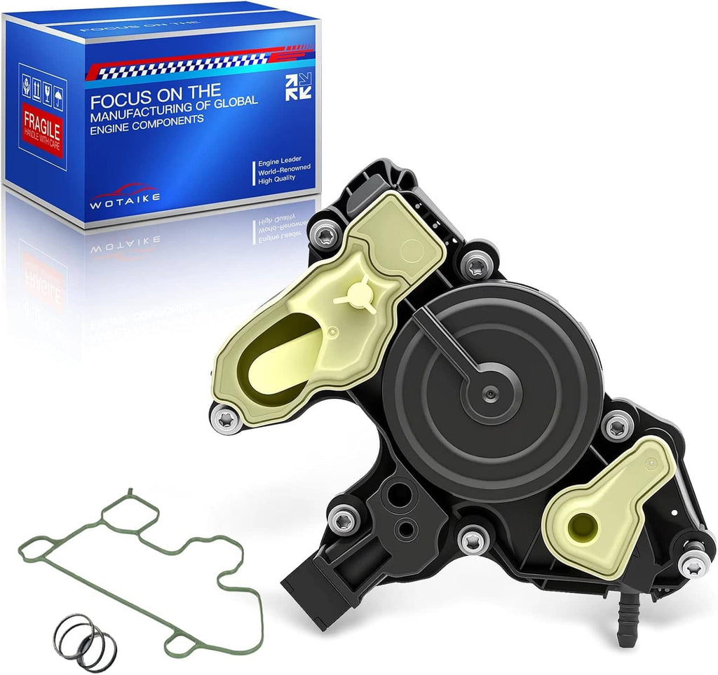 PCV oil separator valve with light-green covers and retail box, gaskets shown beside it