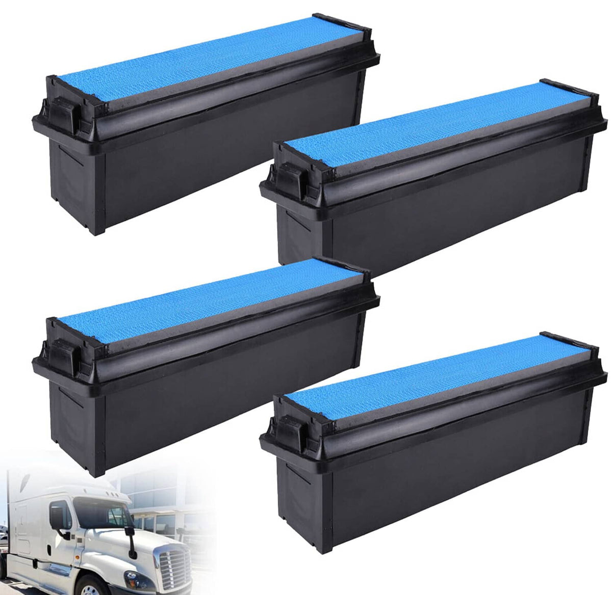Set of engine air filters with black housing and blue pleated media, rectangular shape