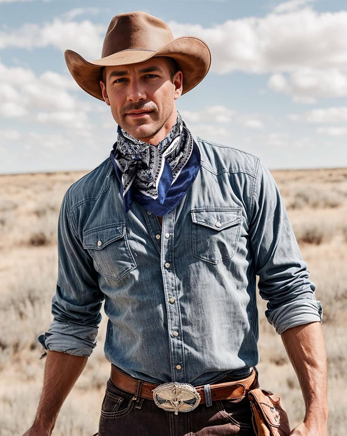 Navy and white paisley wild rag scarf worn at the collar on a cowboy shirt