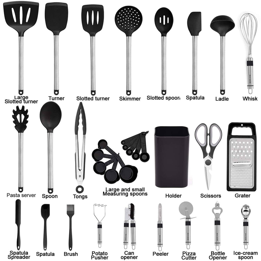 Black silicone utensil set tools laid out, including skimmer, spatula, ladle, and whisk