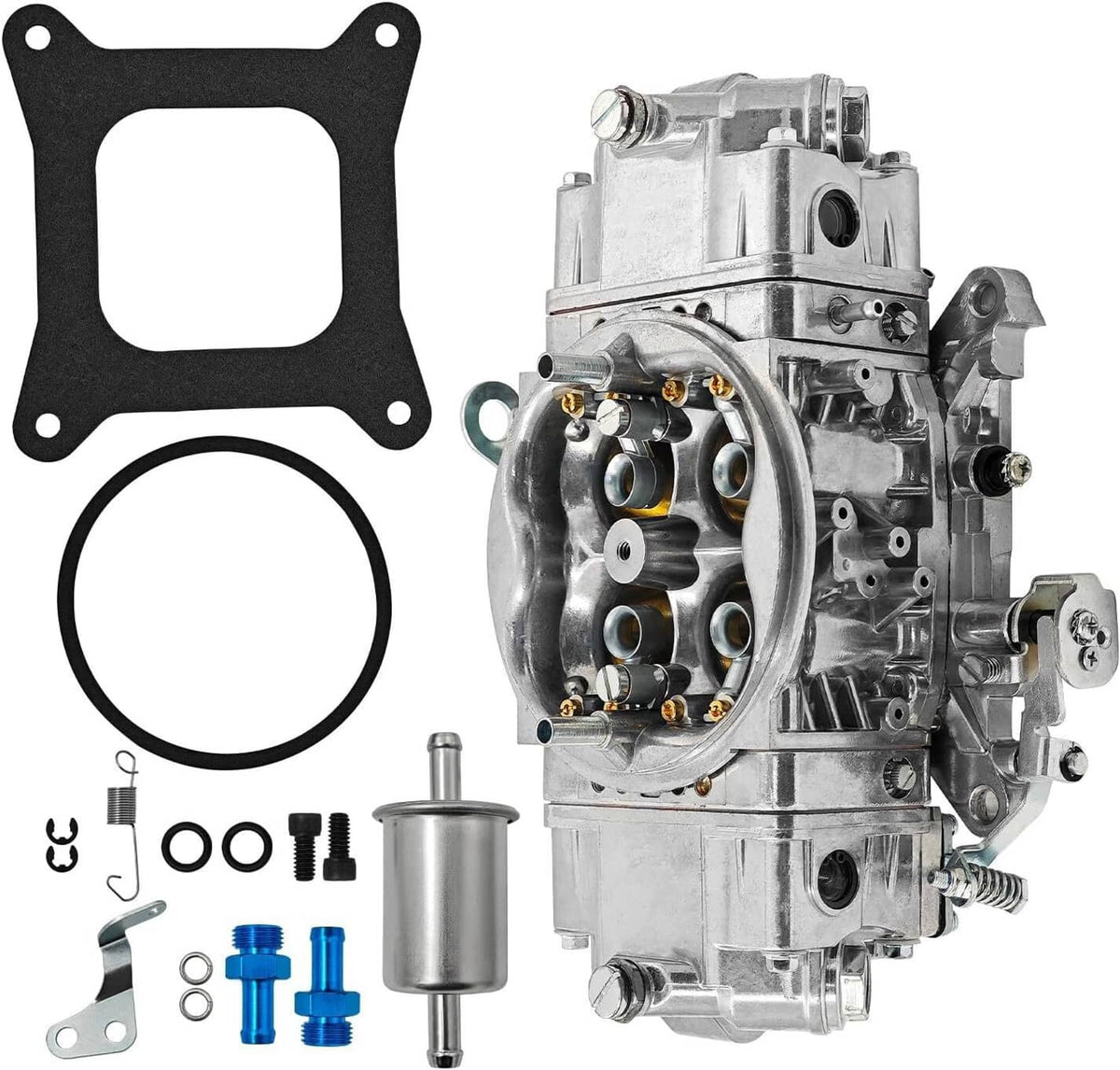Carburetor assembly with mounting gasket, round seals, and small hardware pieces