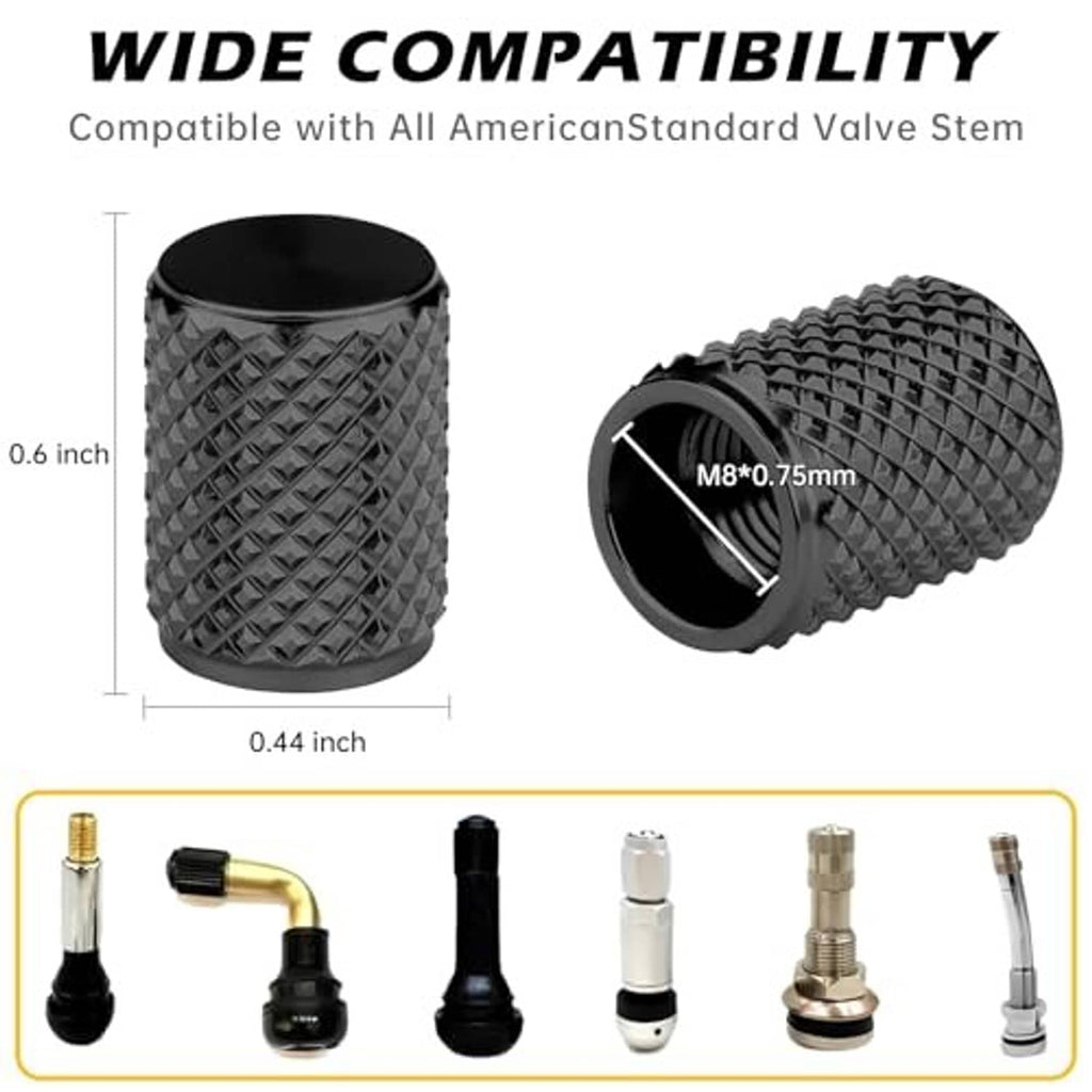 Black aluminum tire valve stem caps, 4-pack, textured grip with visible threaded inlet