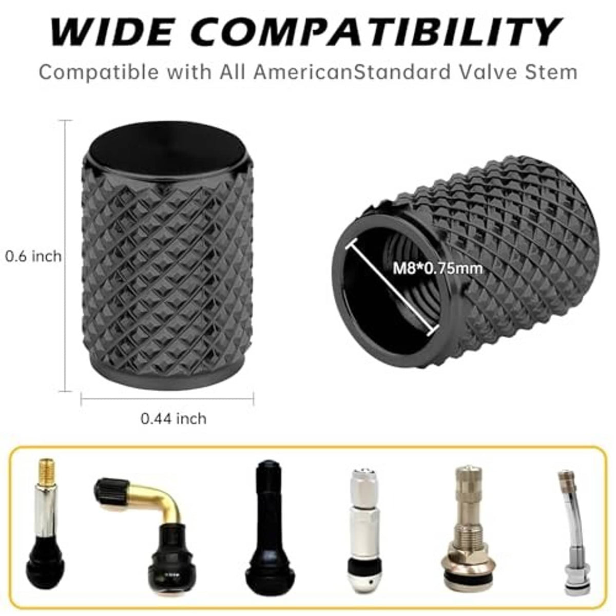 Black aluminum tire valve stem caps, 4-pack, textured grip with visible threaded inlet