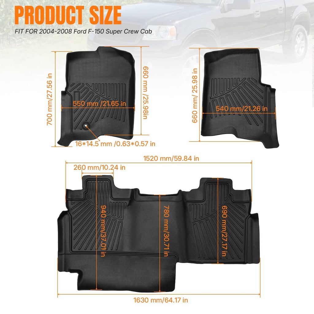 Black TPE floor mat set size diagram with measurements for front and rear pieces