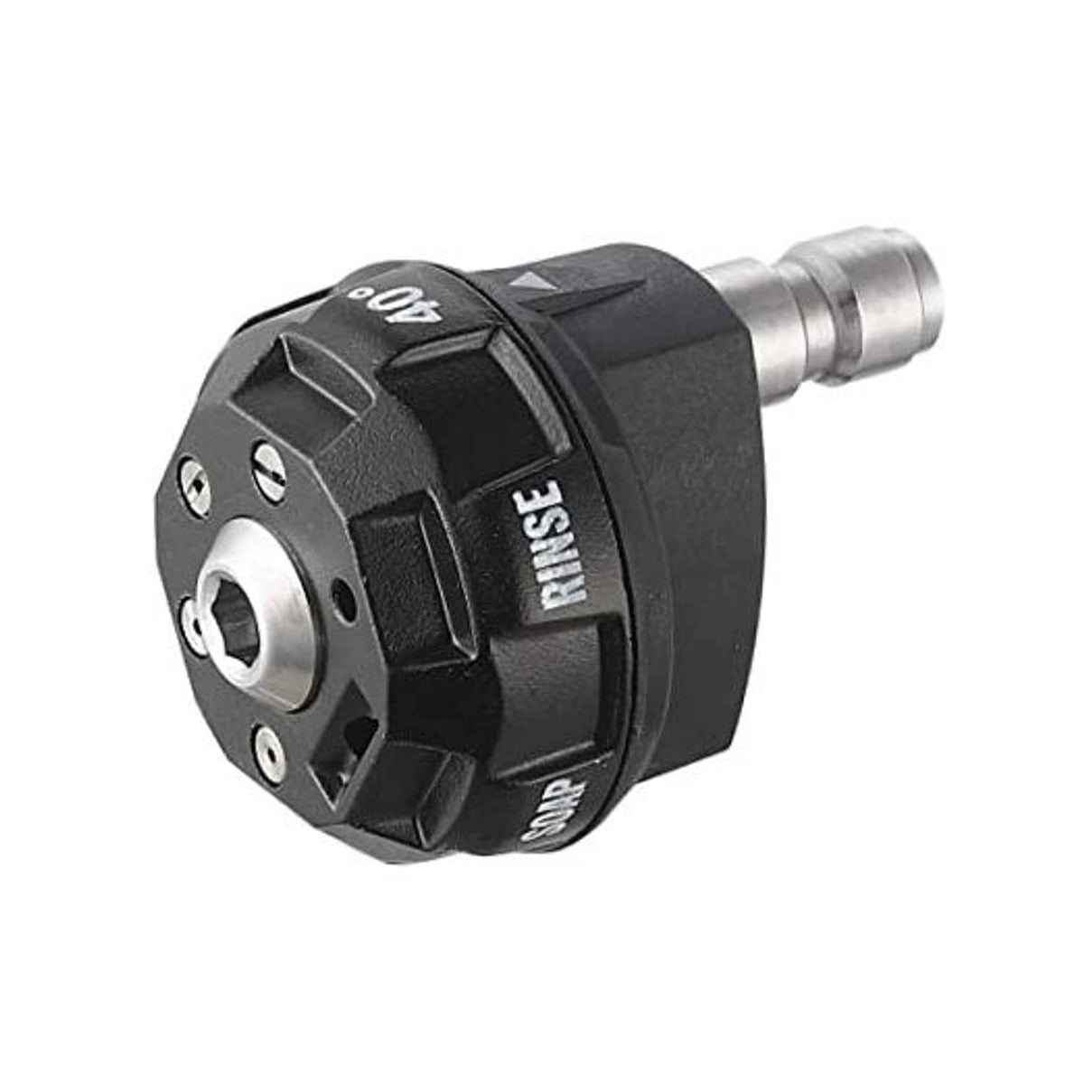 Rotary pressure washer nozzle tip, black housing with quick-connect metal end