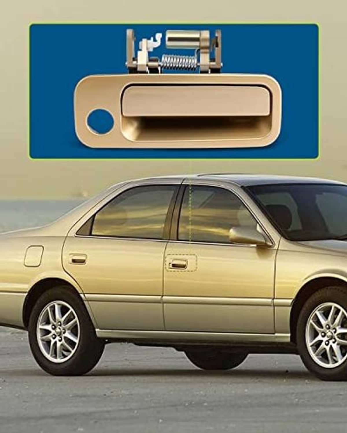 Tan exterior door handle installed on a sedan's front door