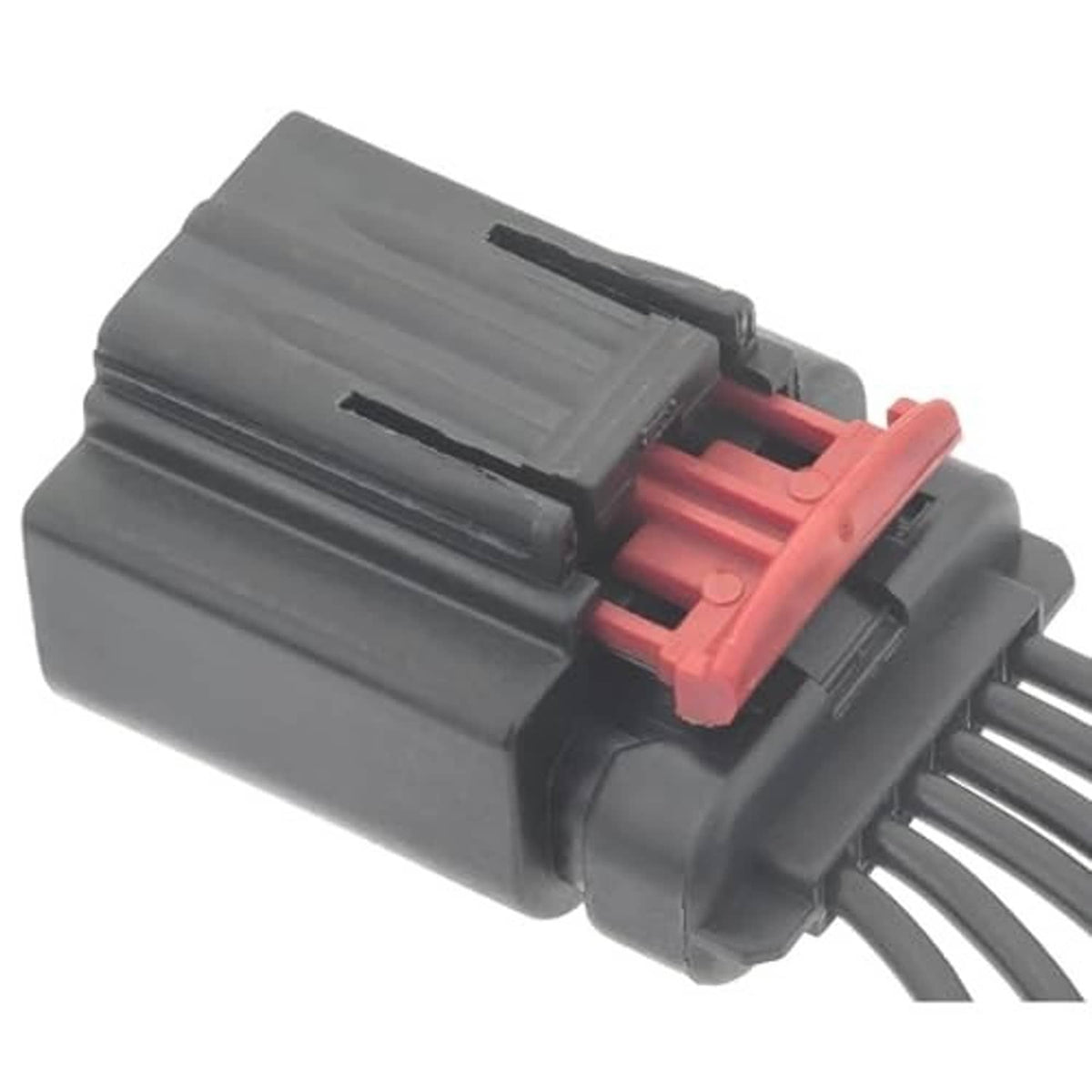 Seat recline motor wiring plug with red locking tab, gray body and wire leads