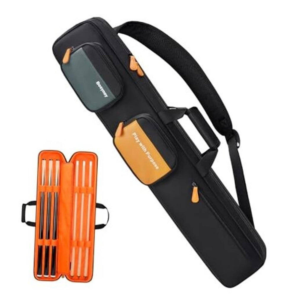 Black 3x3 pool cue case with orange padded pockets and carry handle