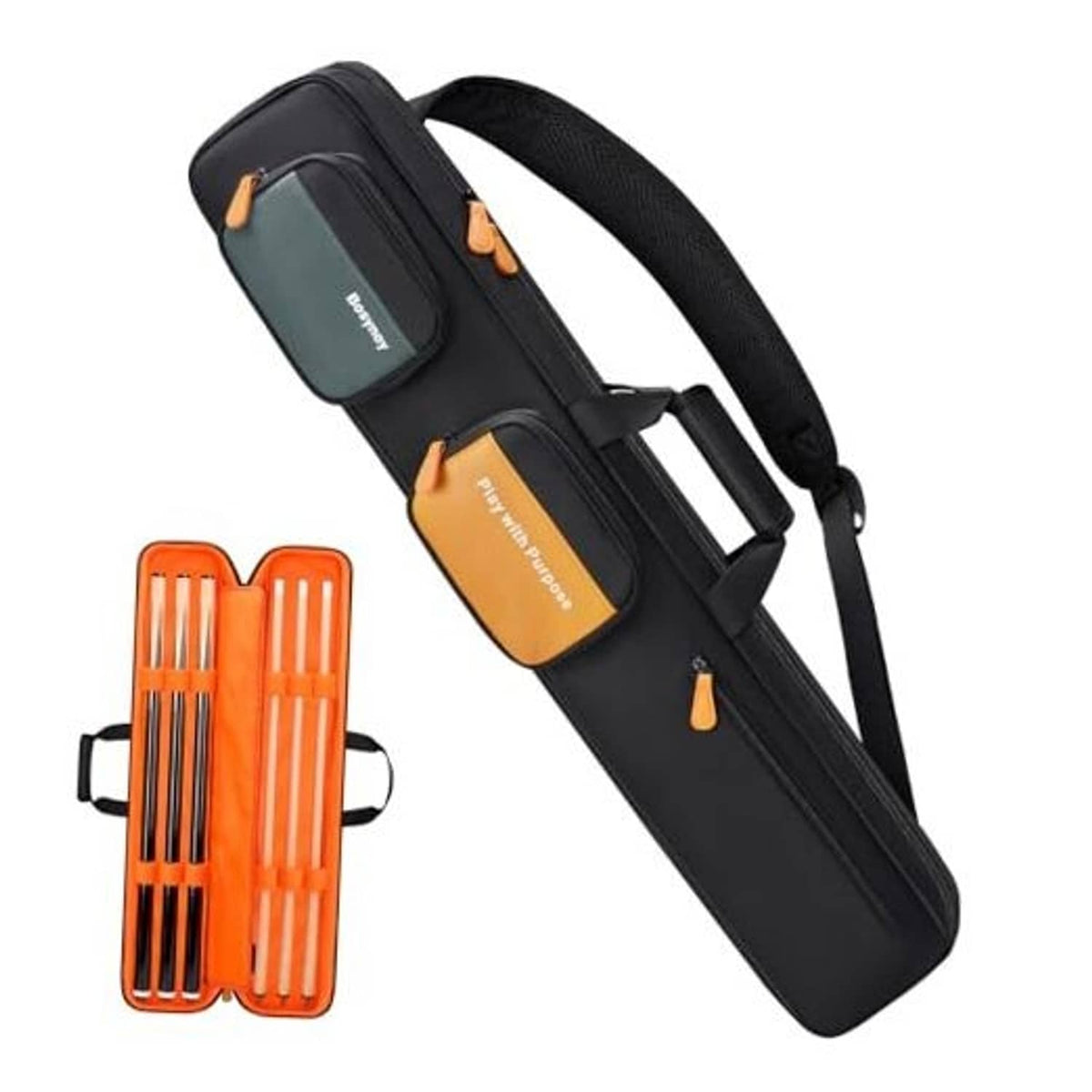 Black 3x3 pool cue case with orange padded pockets and carry handle