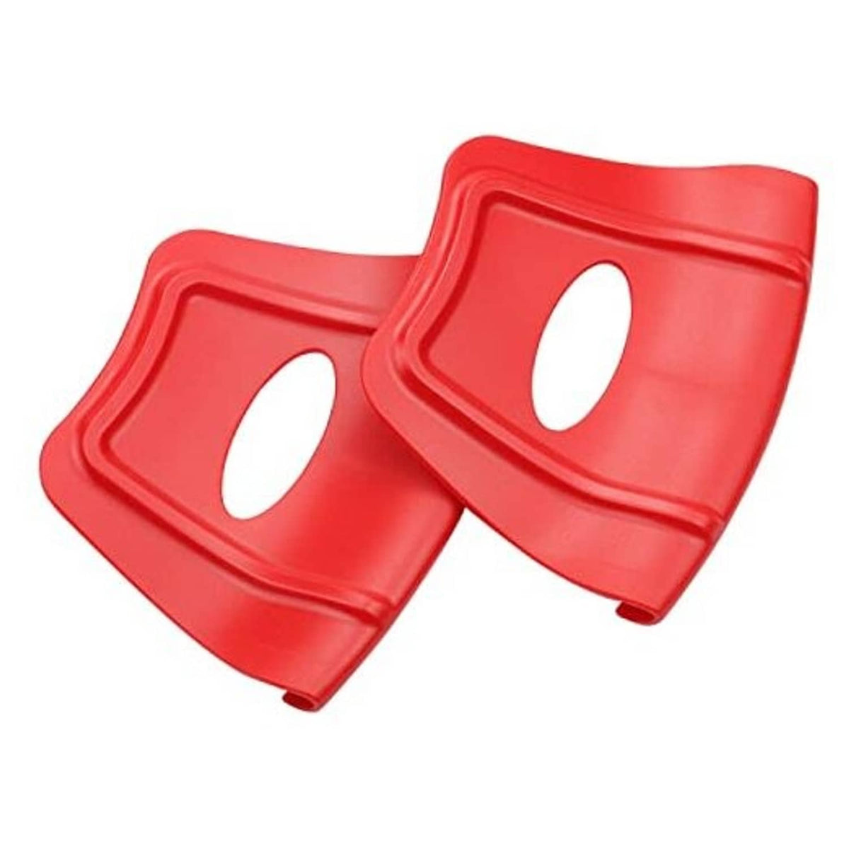 Red wheel rim shield set with two plastic covers and oval cutouts for tire service.
