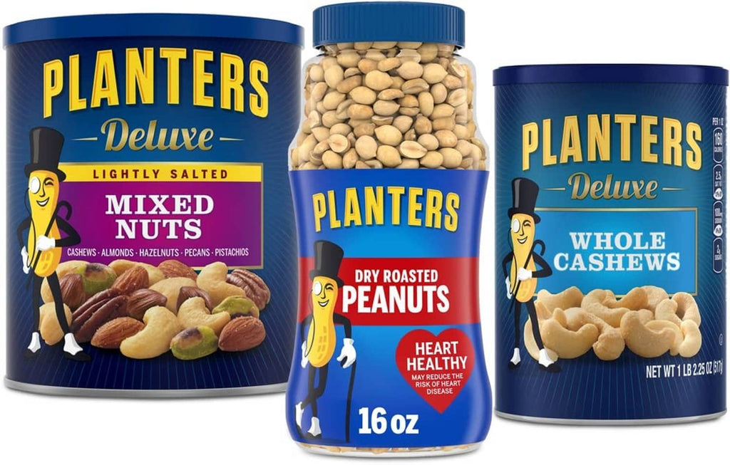 PLANTERS Deluxe nut variety cans and a jar, blue packaging set