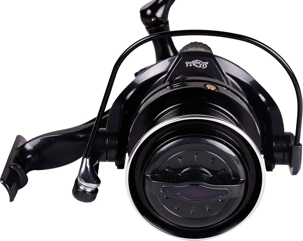 Black spinning fishing reel front view with spool and bail arm