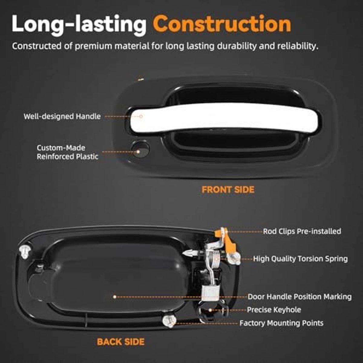 Exterior door handle kit with black handle base and chrome lever, construction diagram