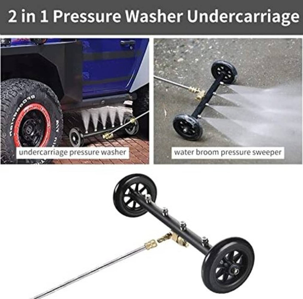 Wheel-mounted pressure washer undercarriage cleaner with black bar and brass spray connector