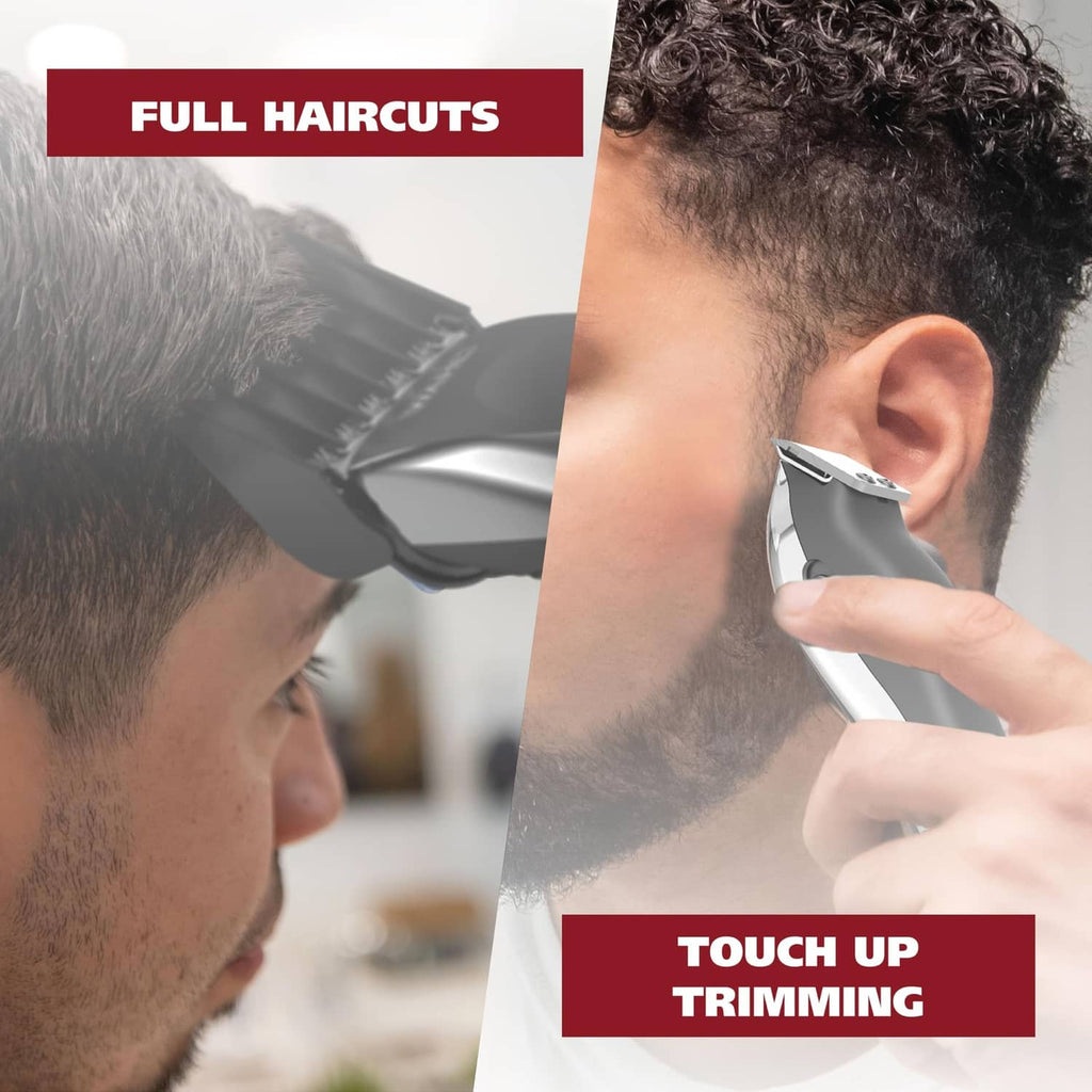 Man using a black and silver cordless hair clipper for trimming