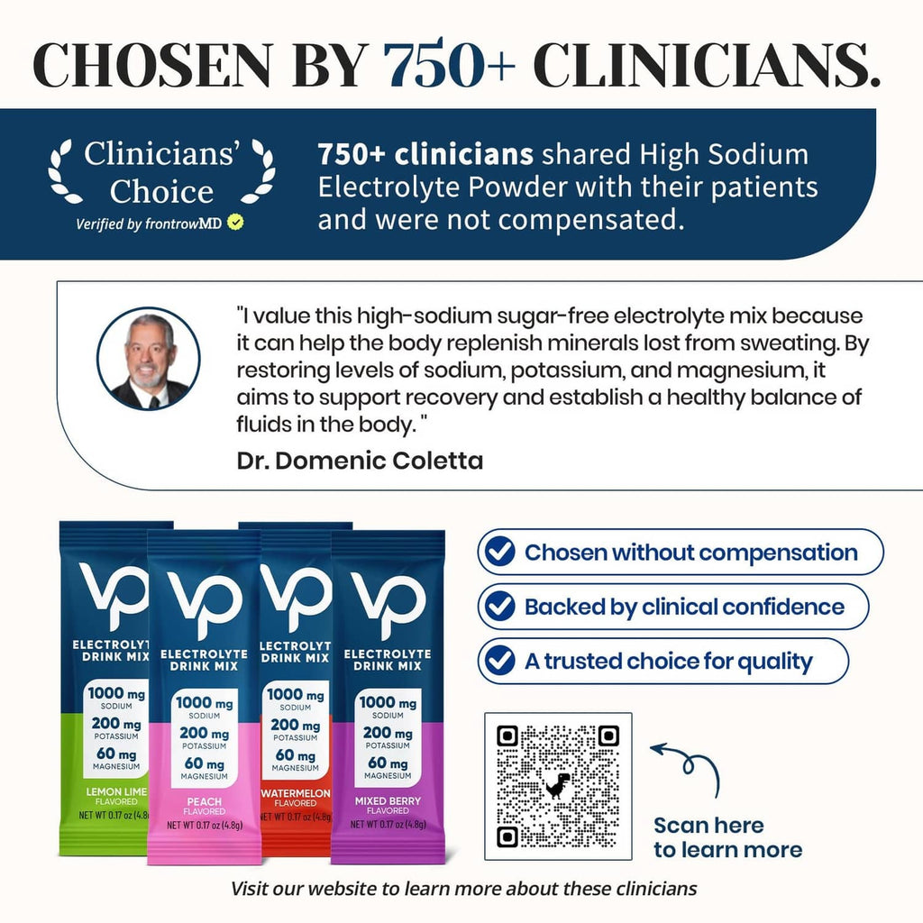 Clinicians’ Choice banner with high sodium electrolyte drink mix stick packs