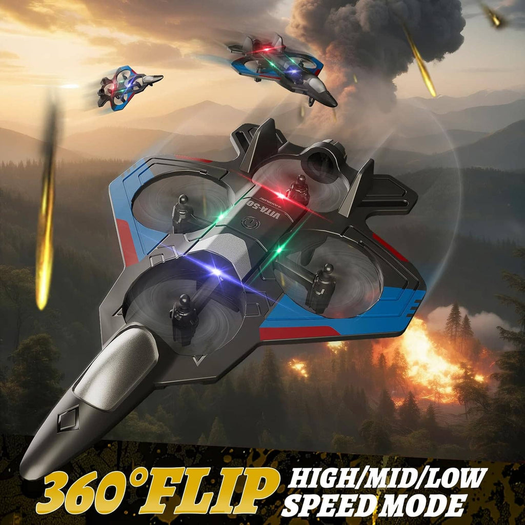 LED-lit RC remote-control airplane in midair with four propeller motors and lit rings