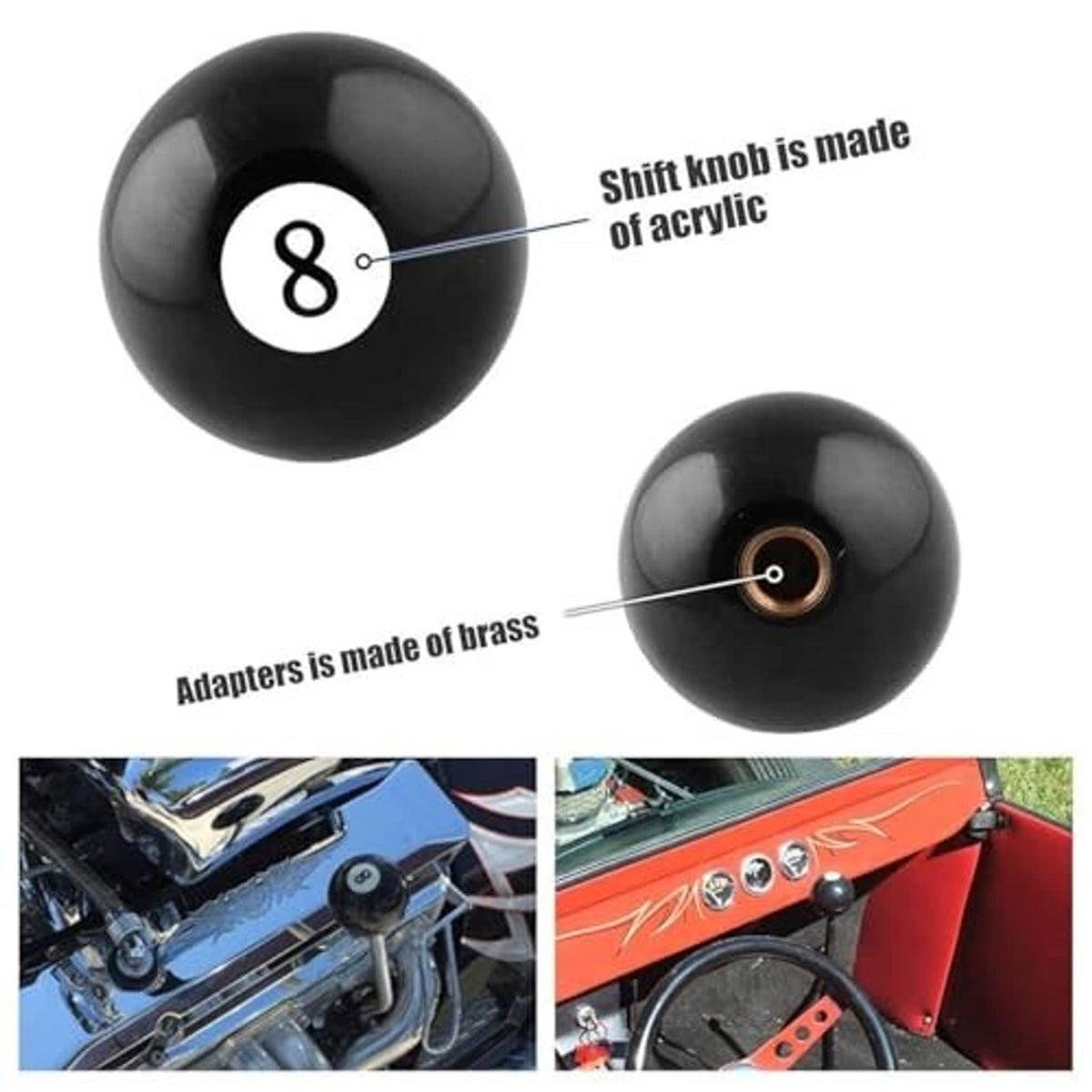 Black ball shift knob with white 8 face and brass-colored adapter insert