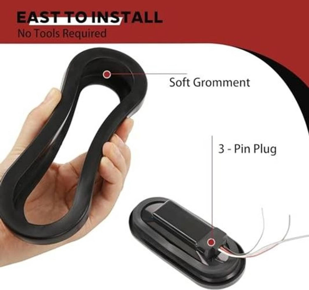 Oval LED tail light with black rubber grommet and 3-pin plug, handheld view