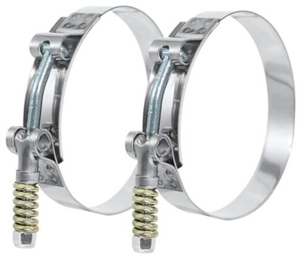 Stainless T-bolt hose clamps with spring-loaded band, sized 3–3.25 in (76–83mm)