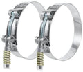 Stainless T-bolt hose clamps with spring-loaded band, sized 3–3.25 in (76–83mm)