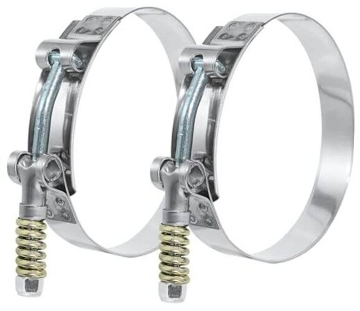 Stainless T-bolt hose clamps with spring-loaded band, sized 3–3.25 in (76–83mm)