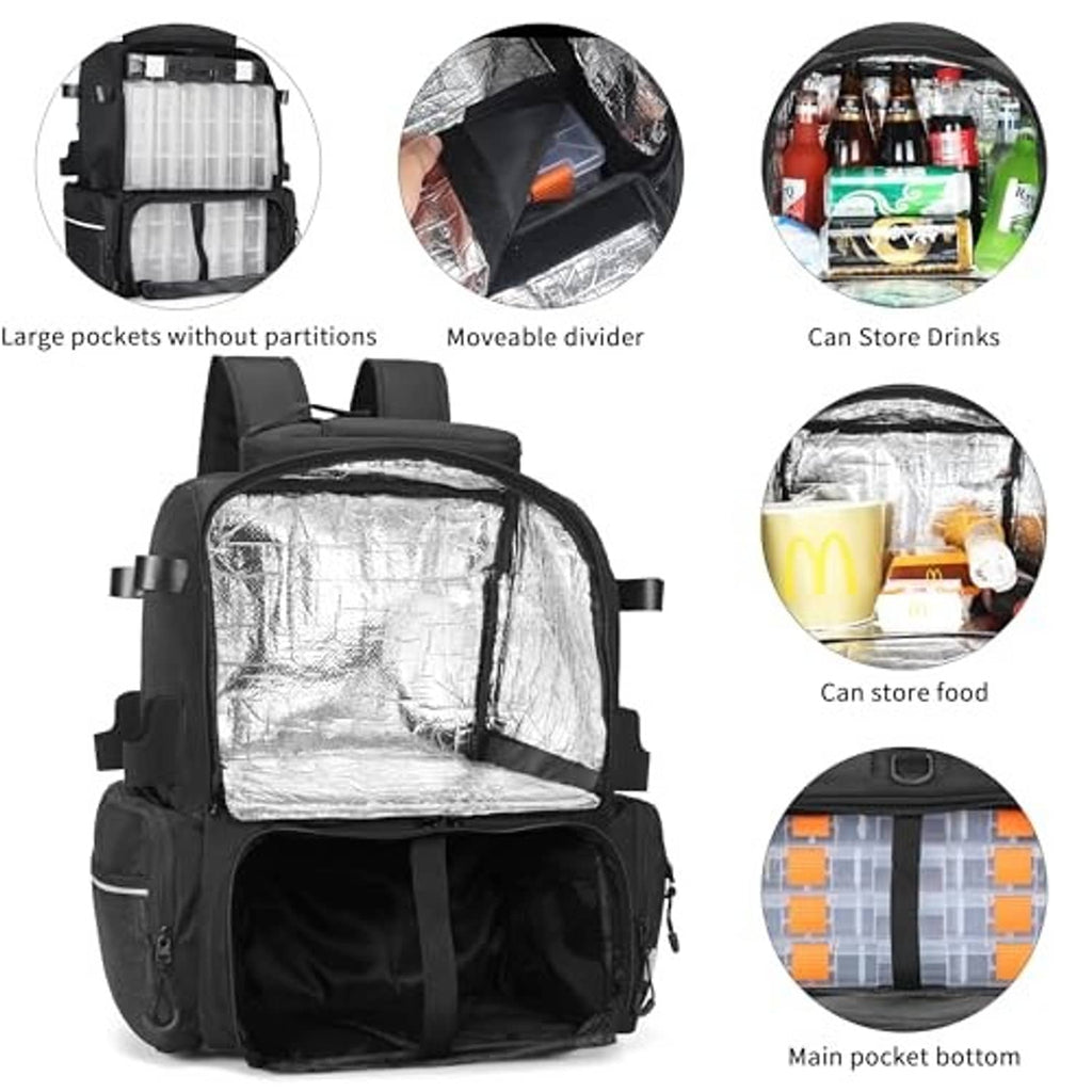 Black tackle backpack with insulated main compartment, moveable divider, and food storage