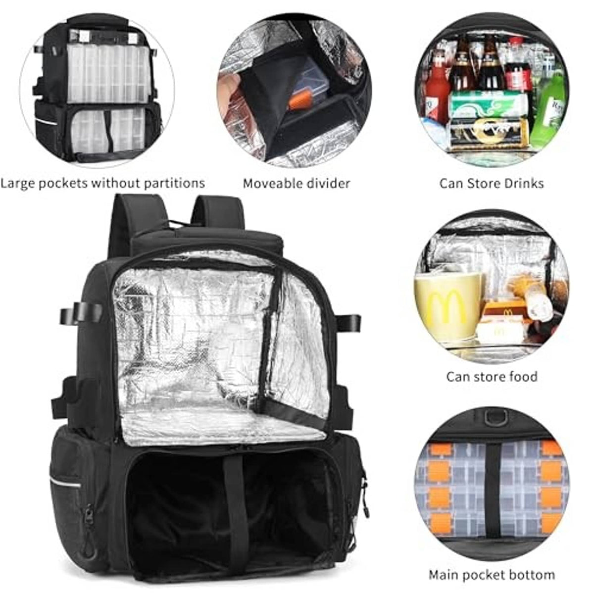 Black tackle backpack with insulated main compartment, moveable divider, and food storage