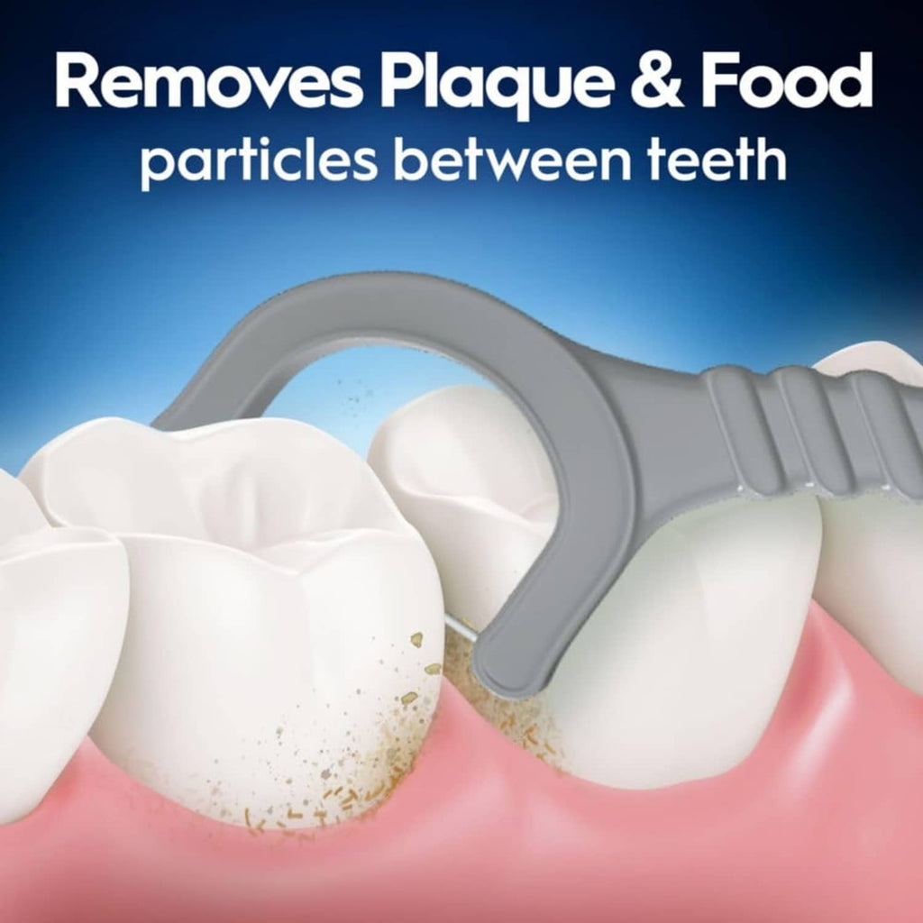 Grey floss pick tool with fibers cleaning between molded teeth, removes plaque and food