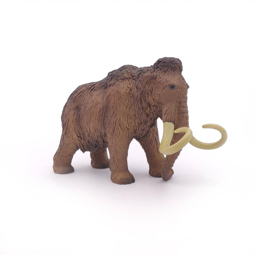 Woolly mammoth toy with ivory tusks, side close-up angle