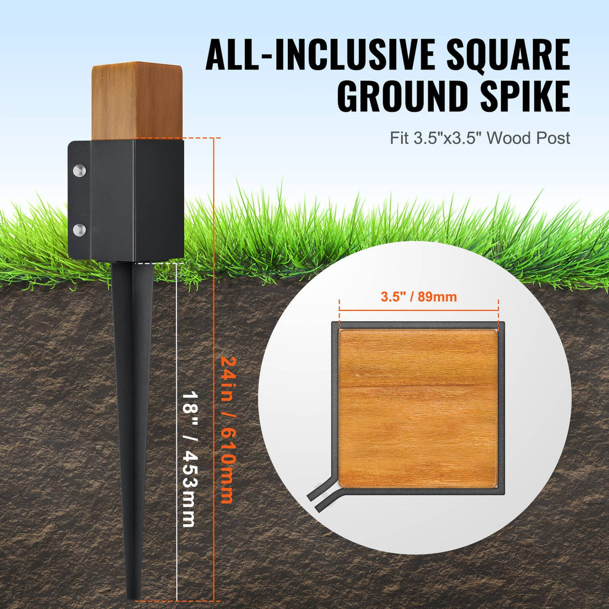 Square black ground spike anchor sized for 3.5 in wood posts, with mounting plate