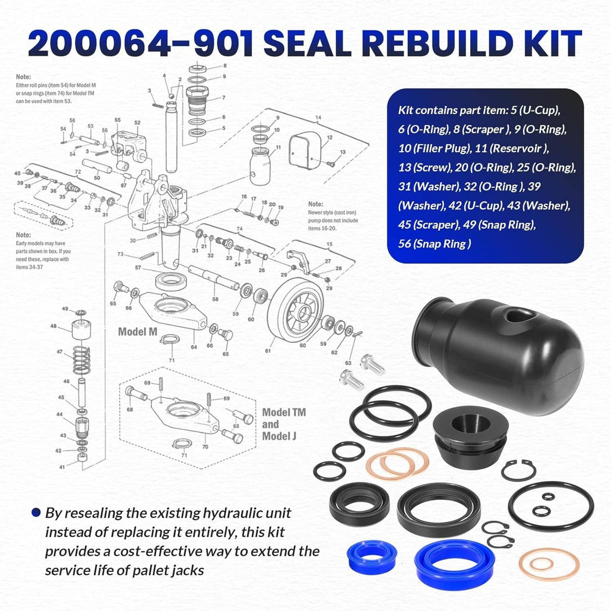 Hydraulic seal rebuild kit parts with black cylinder housing and multiple O-rings