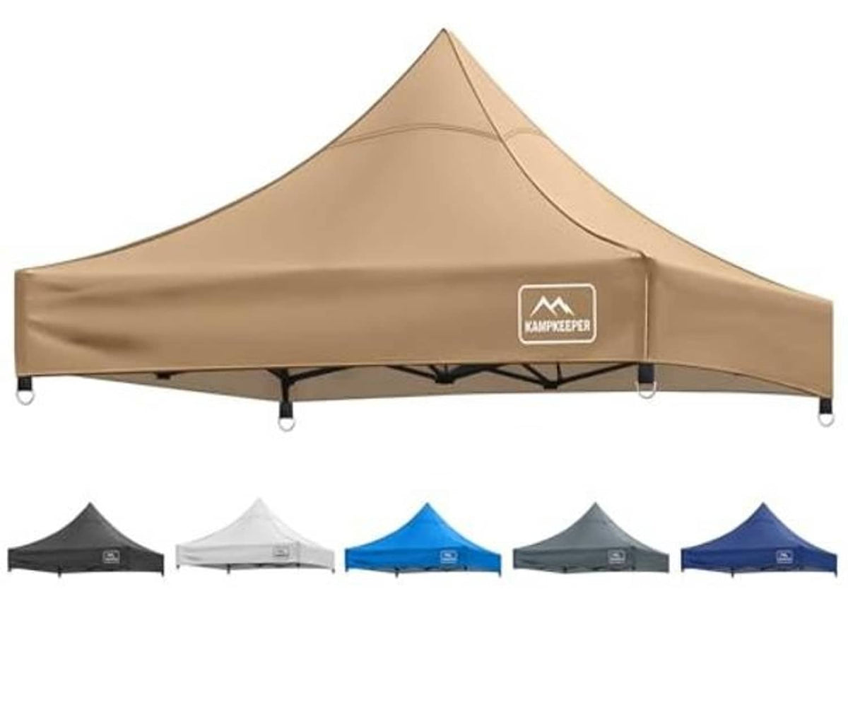 Khaki peak canopy replacement roof top cover with central logo panel and front edge grommets