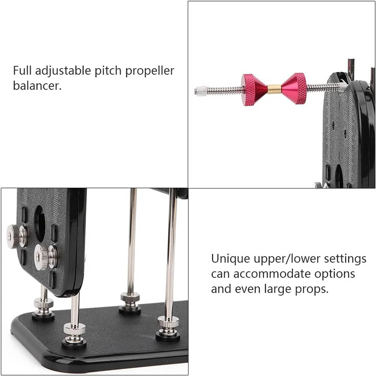 RC prop balancer base with adjustable height rods and black side plates