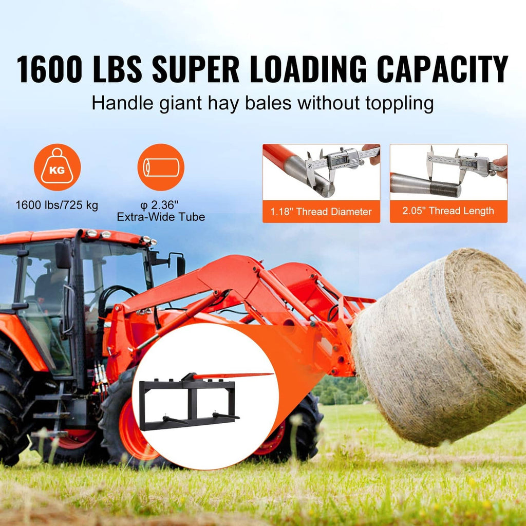 Hay spear bale attachment on loader arms, black frame with orange spear bar
