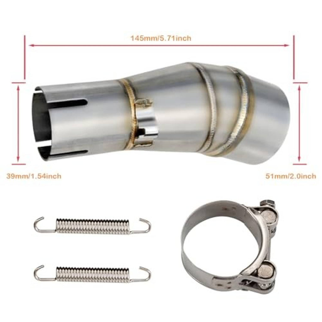Motorcycle exhaust adapter pipe with clamp hardware and metal inlet fitting