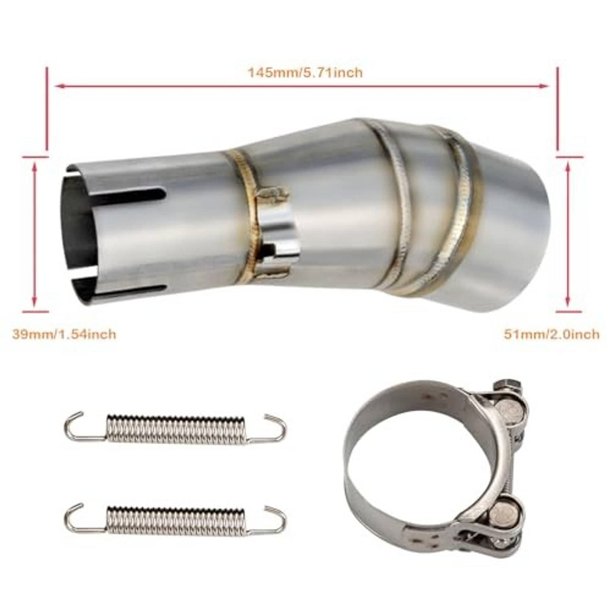 Motorcycle exhaust adapter pipe with clamp hardware and metal inlet fitting