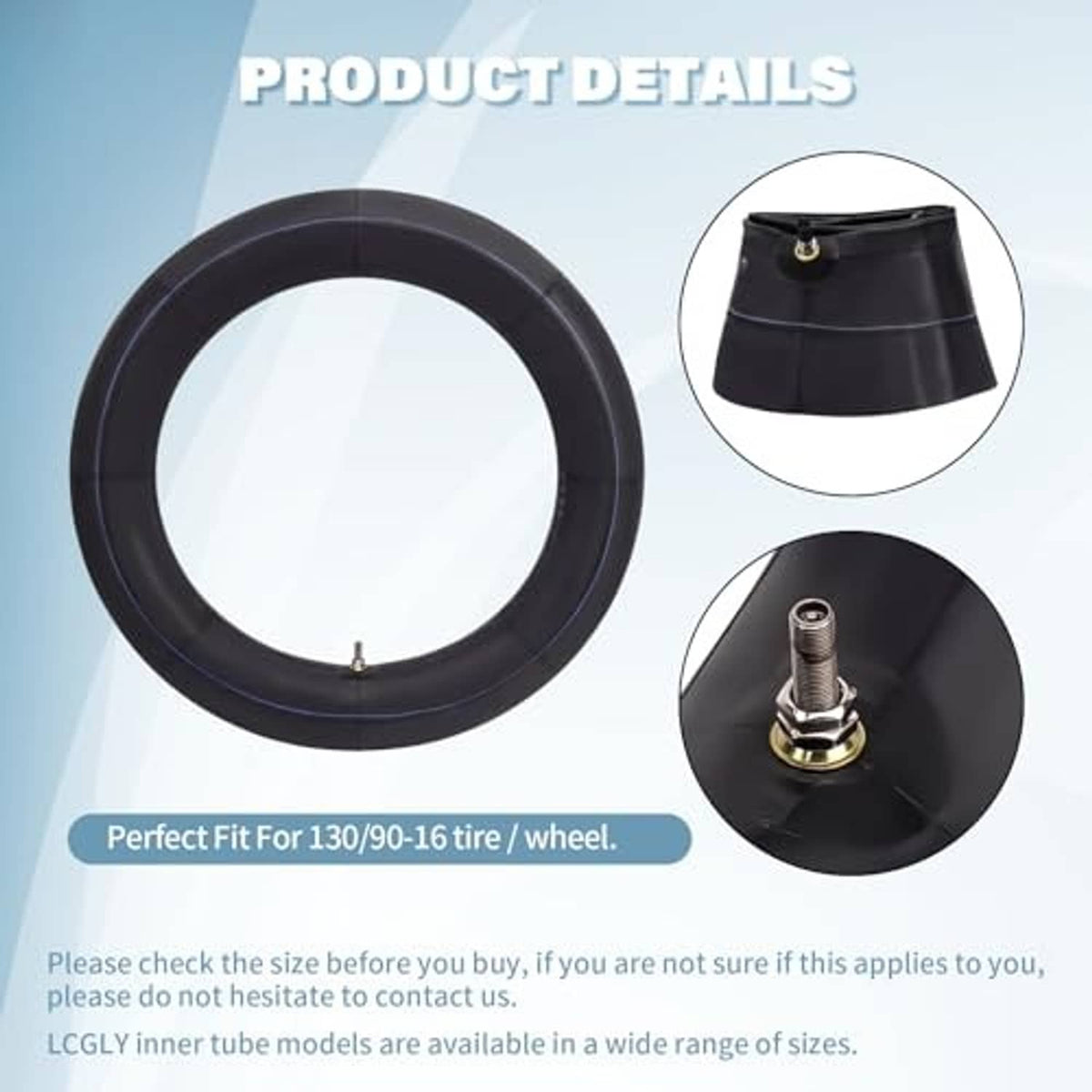 Black inner tube with valve stem, with product detail insets