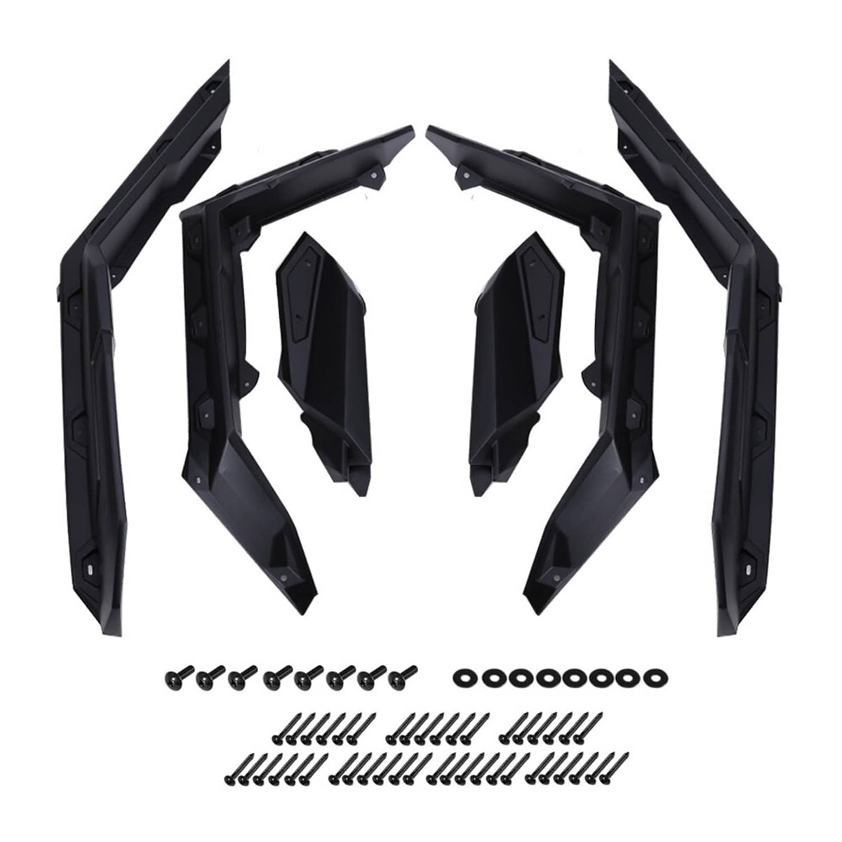 Set of black extended fender flare panels with screws and brackets.