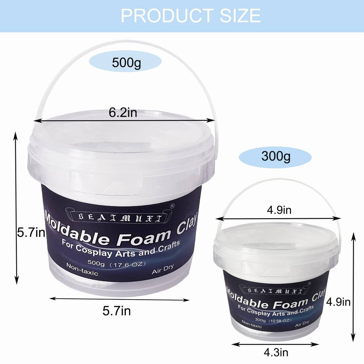 White foam clay tub size diagram showing 500g container and 300g portion