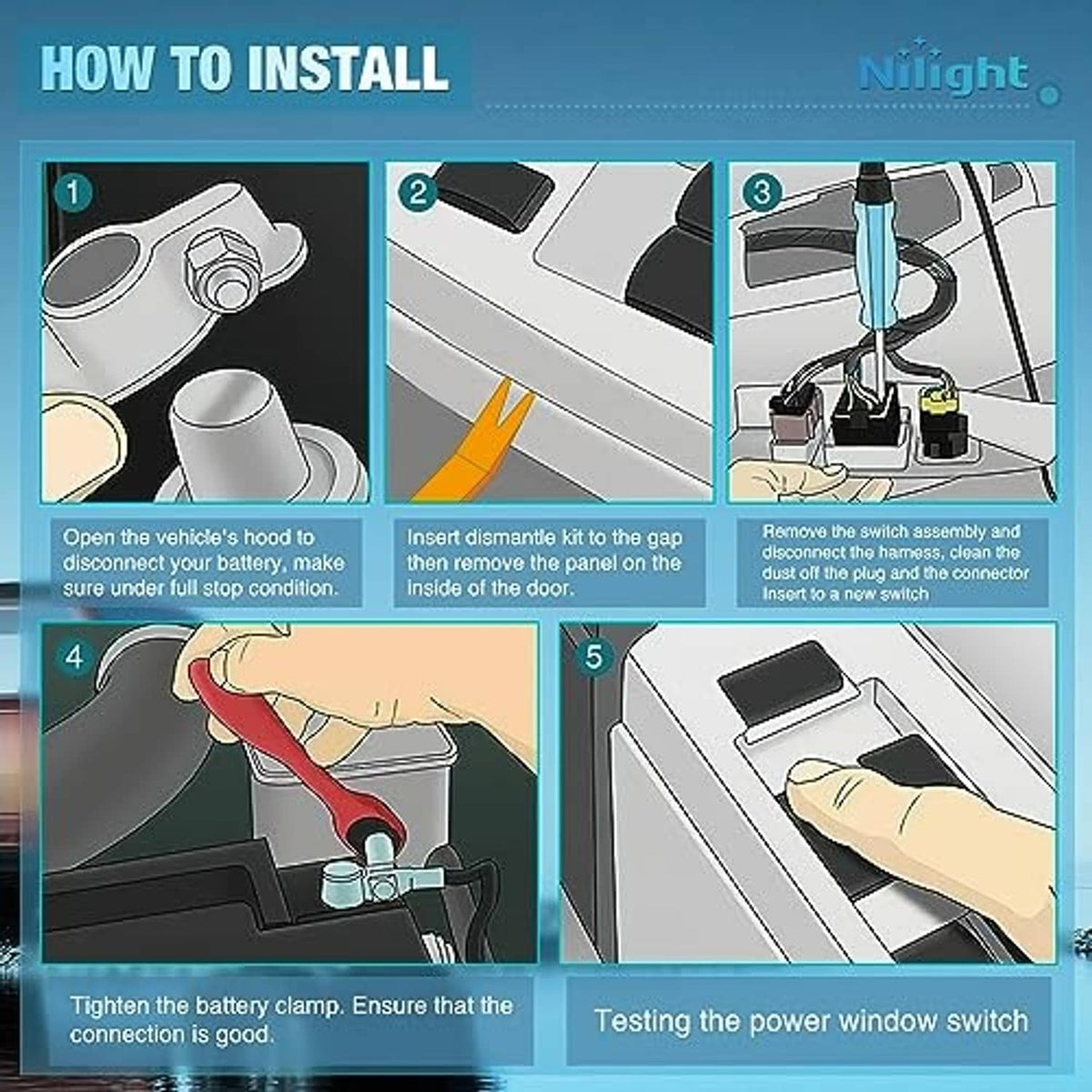 Steps graphic for installing power window switch, showing hand tools and connector