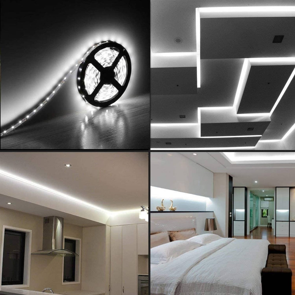 Flexible LED strip lights emitting cool white glow along wall-edge channels