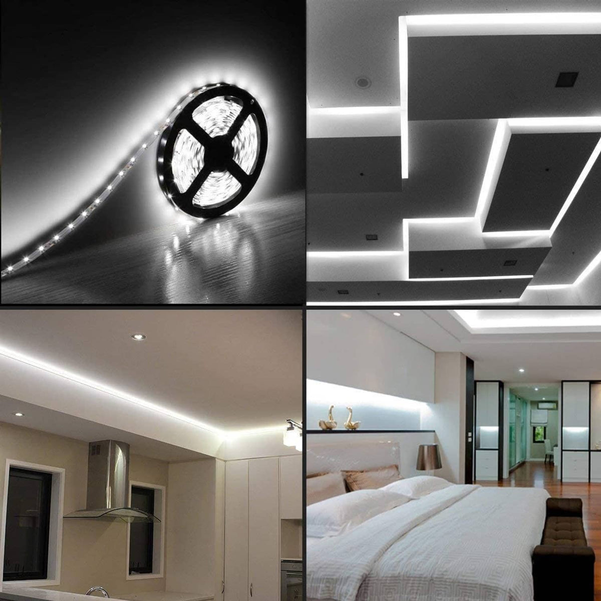 Flexible LED strip lights emitting cool white glow along wall-edge channels