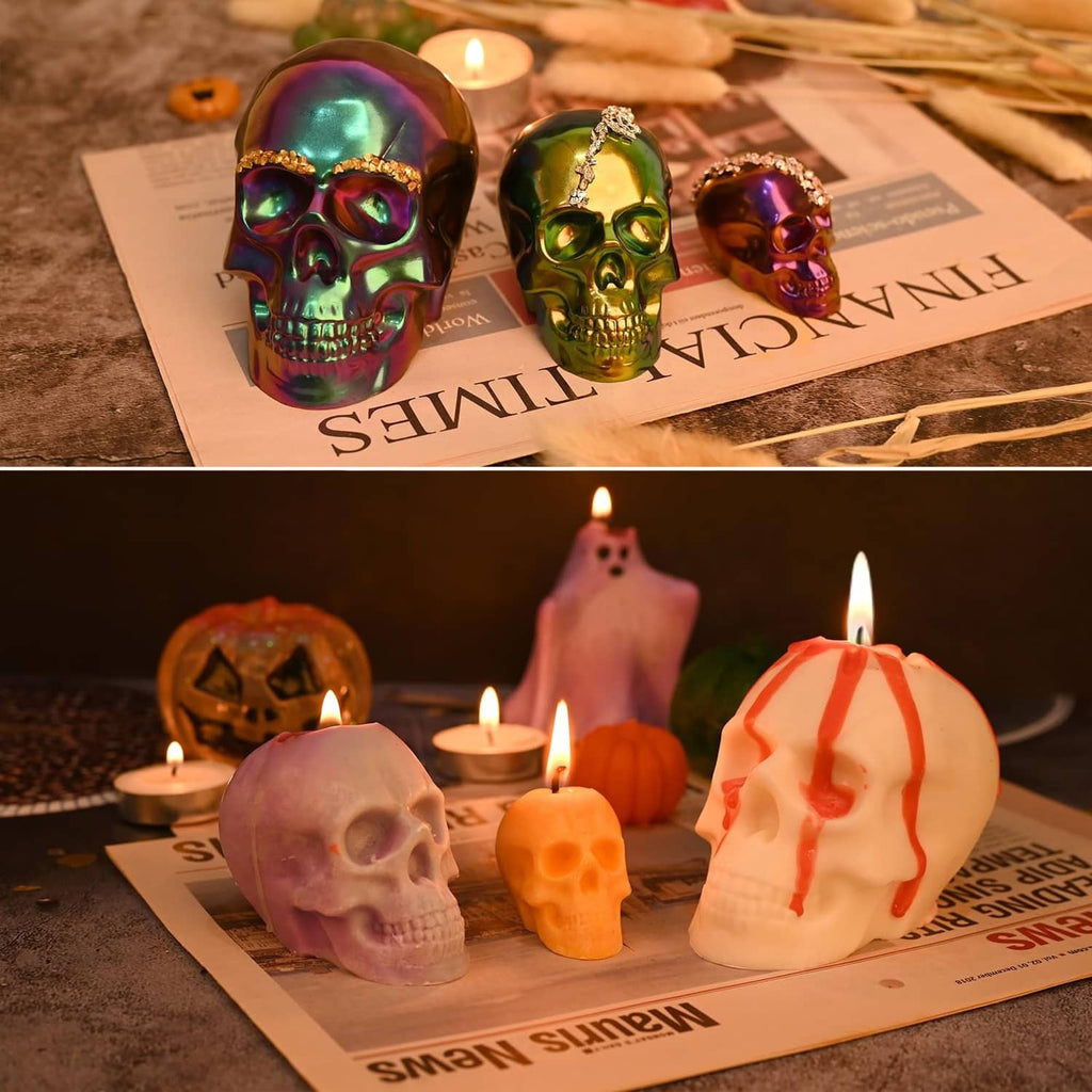 Skull resin candles/casts in three colors made using transparent silicone molds