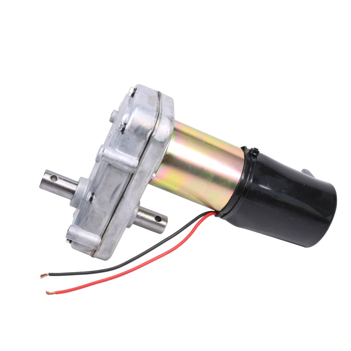 RV slide-out motor with metal mounting plate, dual shafts, and red/black wire leads