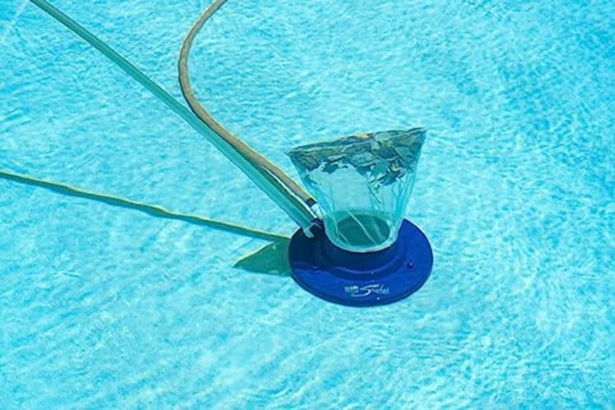 Blue pool vacuum base with clear collection bag and hose in the water