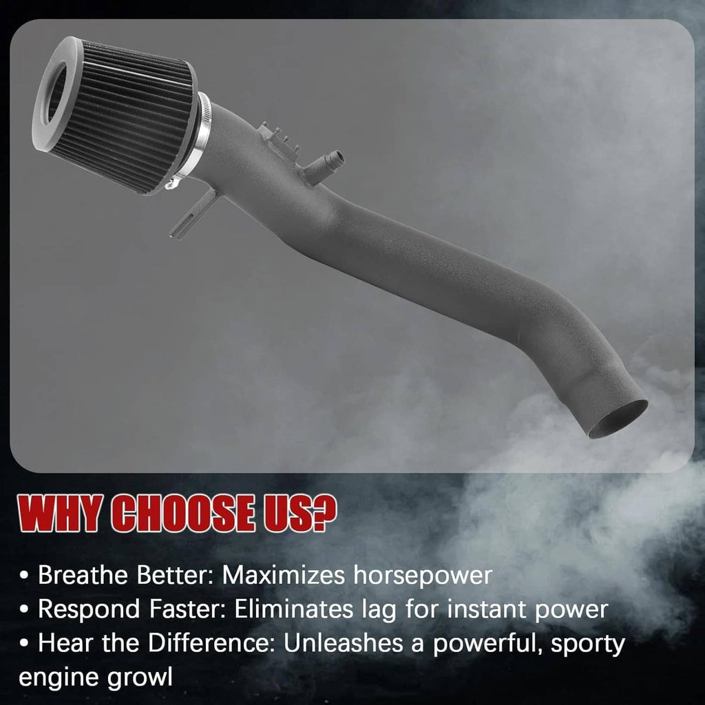 Black intake tube with attached air filter and outlet elbow for cold air intake