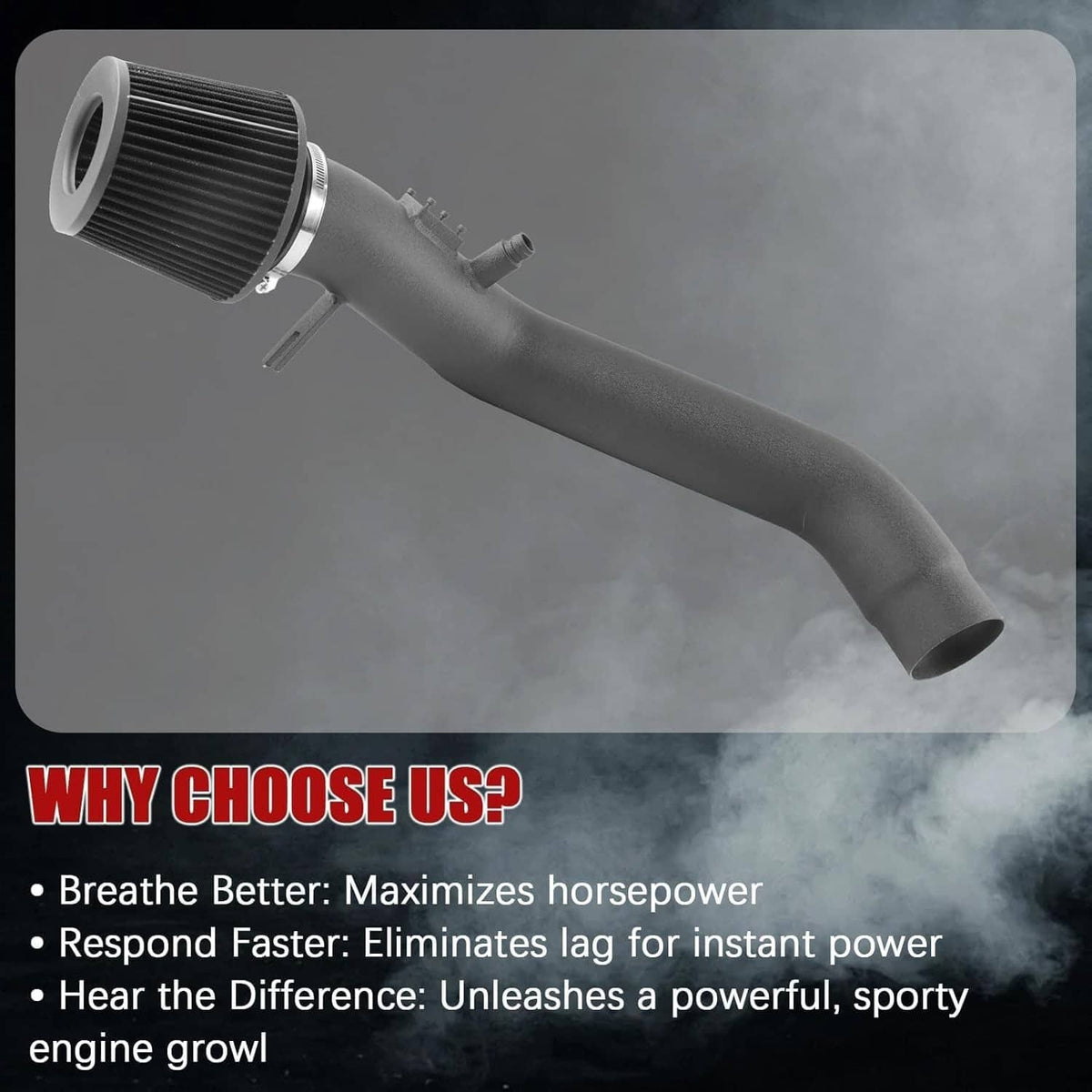 Black intake tube with attached air filter and outlet elbow for cold air intake
