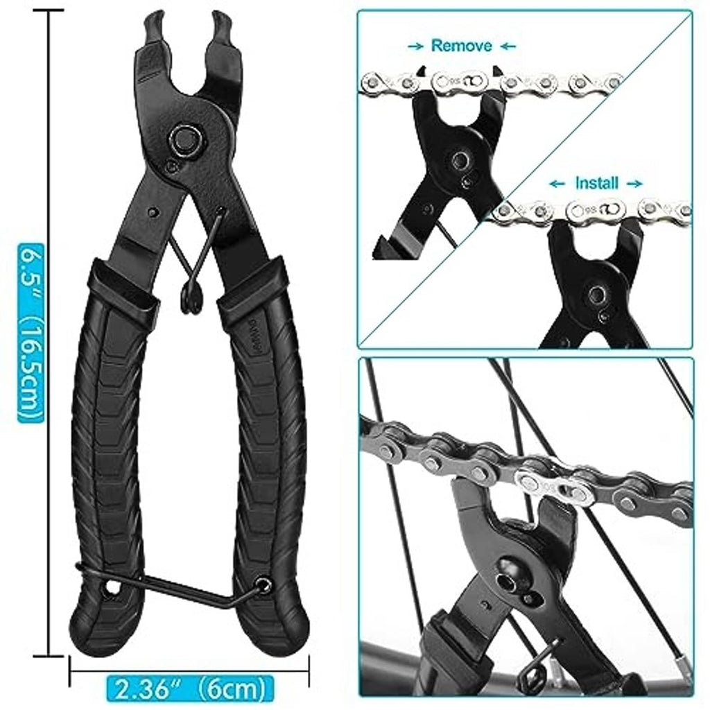 Bike chain breaker pliers with black textured grips and silver chain-pin press head