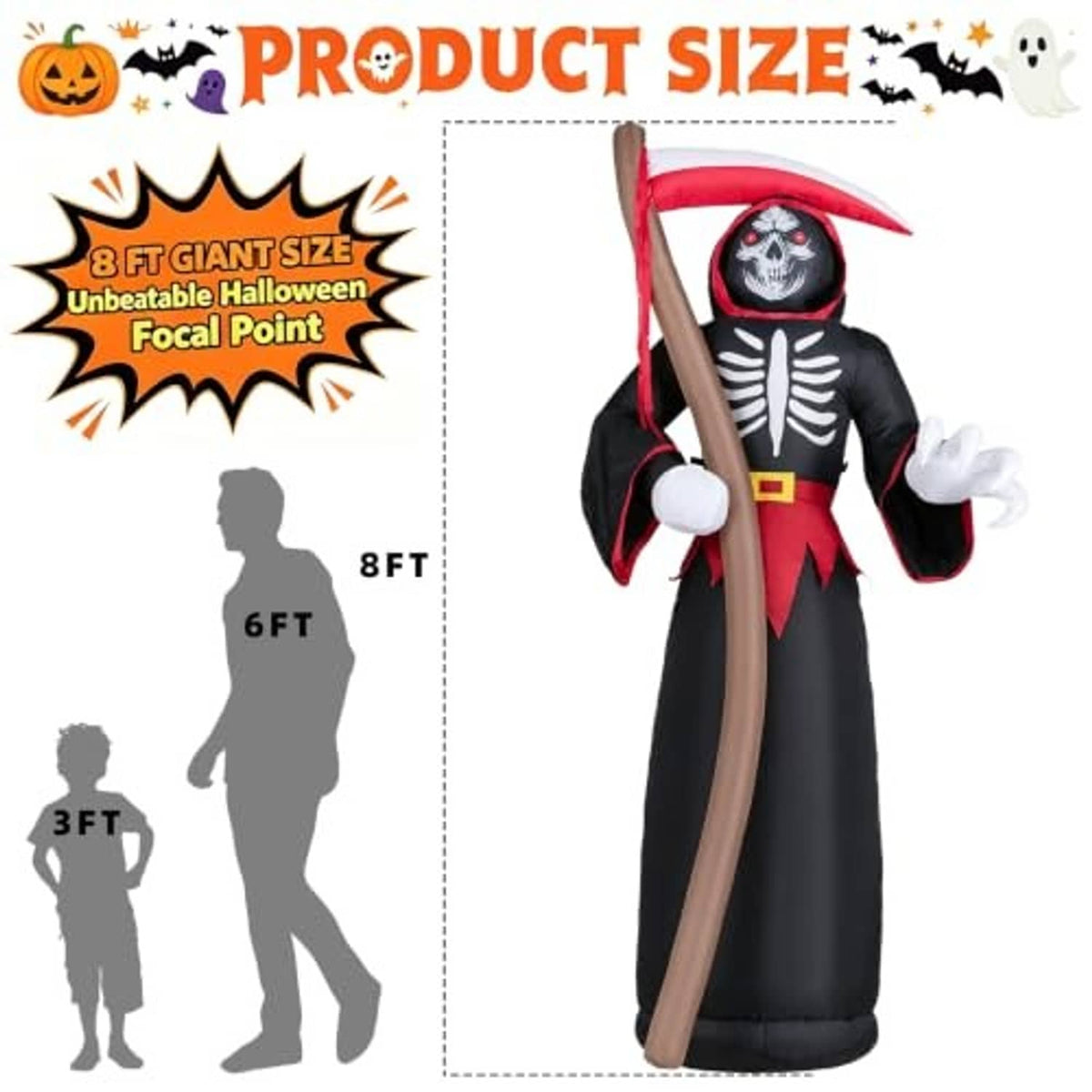 8ft inflatable grim reaper with red hood, black robe, white skeleton face; size shown